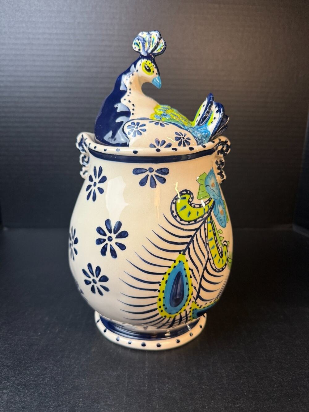 Blue Sky Clayworks Porcelain Hand Painted Peacock Cookie Jar Canister 2013
